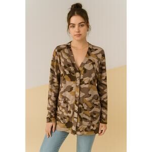 LOGO Lounge by Lori Goldstein Tunic Button Down Top in Army Abstract Print Sz L